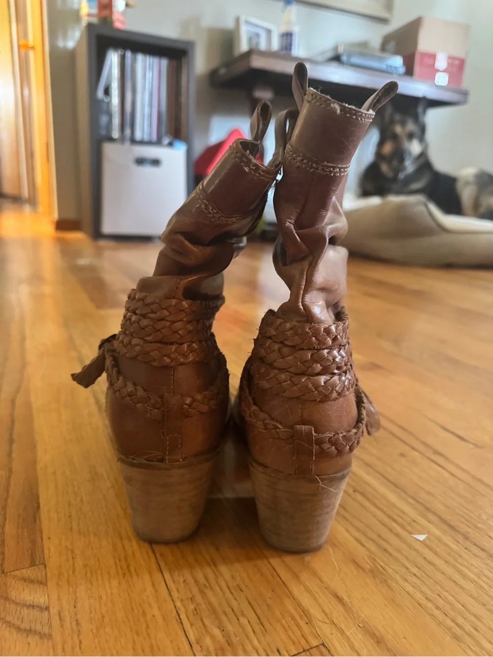 Women's Brown Braided Leather Mid-Heel Boot